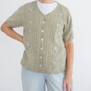 Vintage Alfred Dunner Sage Green Floral Embroidered  Knit Cardigan Sweater M